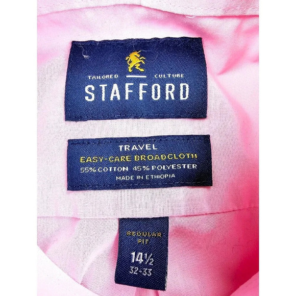 Stafford Regular Fit Size 14.5 32-33 Mens Pink Travel Easy Care Broadcloth Shirt - Picture 4 of 8